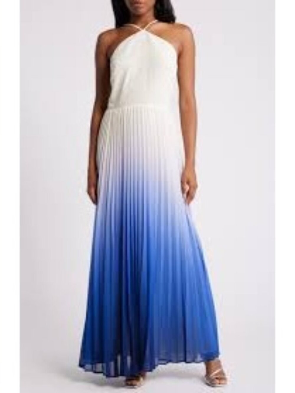 Dip Dye Pleated Ombre Maxi Dress Blue Wedding Guest Resort Party Cruise Glam Sma